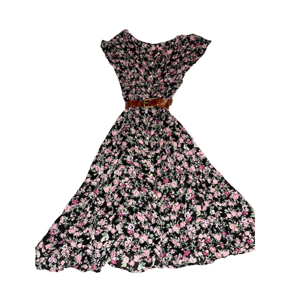 80s Cottage Core Floral Maxi Dress with Pearl Buttons